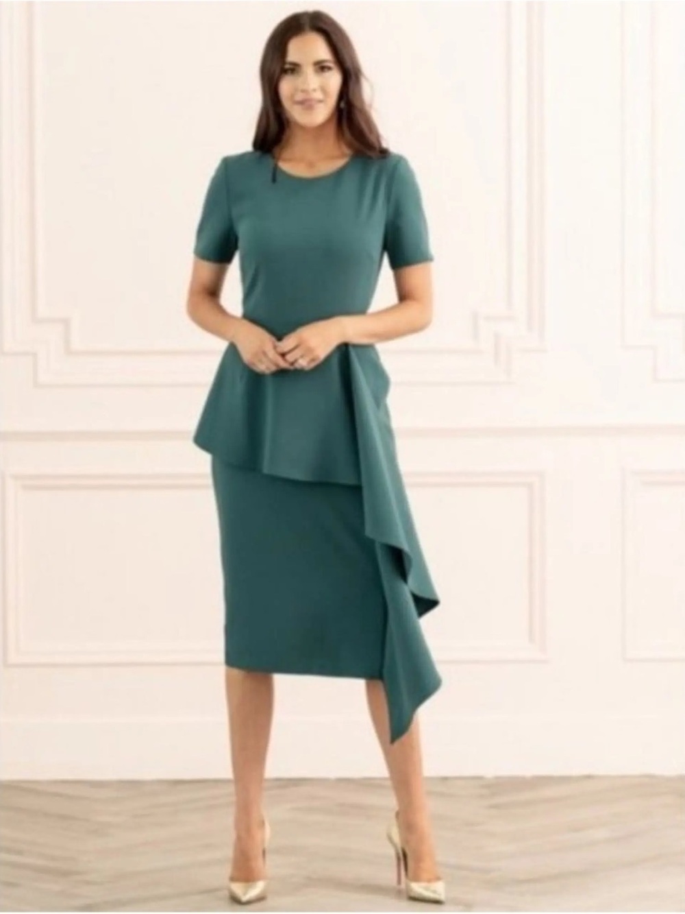 Rachel Parcell Cascade Sheath Midi Dress M Teal Draped Ruffle Peplum Cocktail